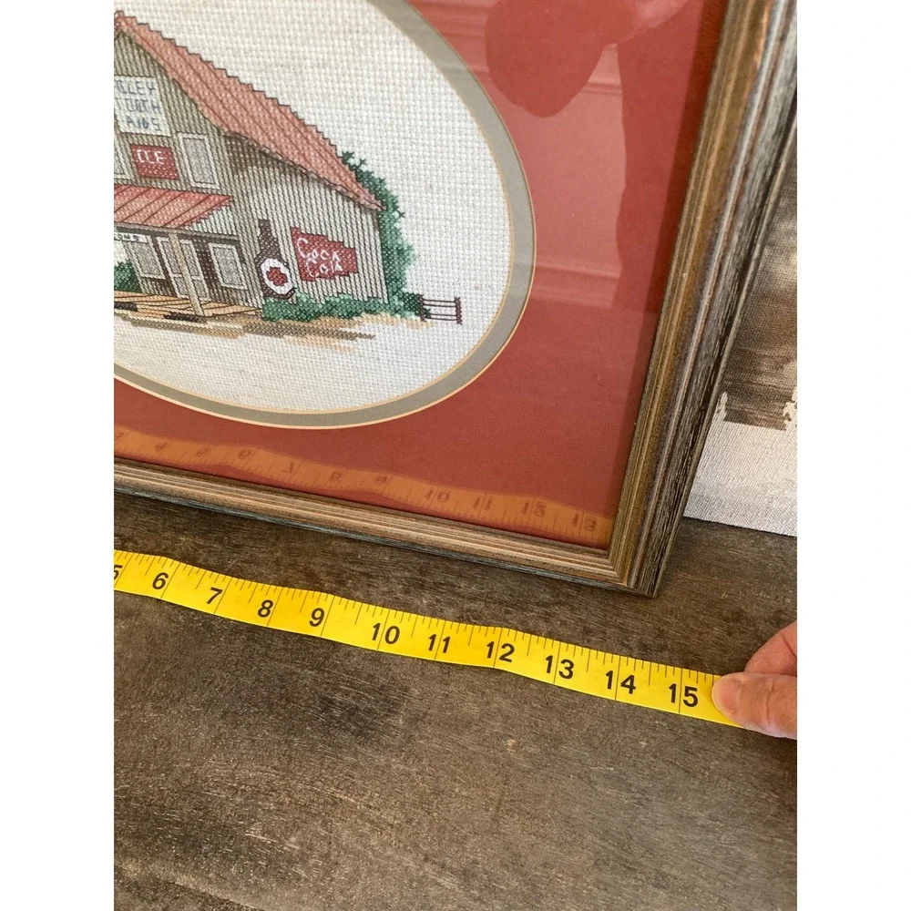 Vintage Framed Cross Stitch Americana General Store Coca-Cola Art 15x12